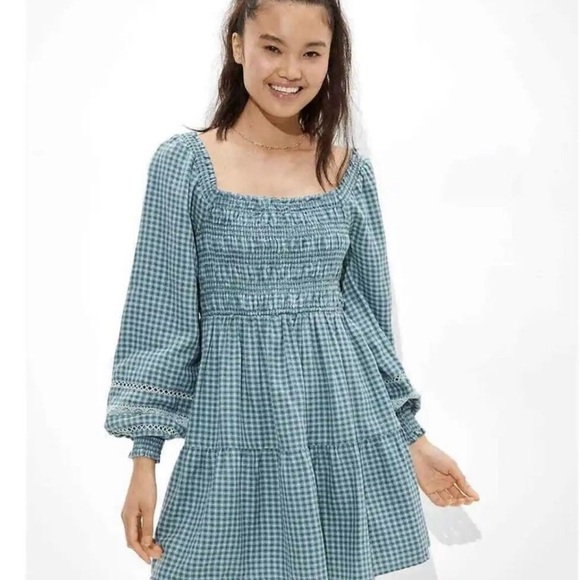 American Eagle Outfitters Gingham Long Sleeve Dress Smocked Cottagecore Medium - Picture 1 of 10